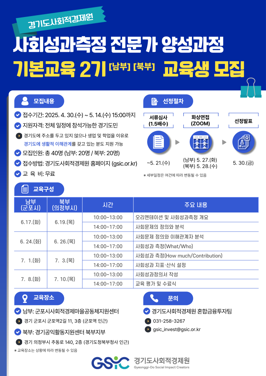 [경기도사회적경제원]  사회성과측정 전문가 양성과정 기본교육 2기 교육생 모집(~5/14)